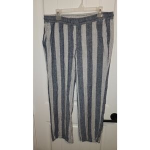 Old Navy wide leg linen stripe pants elastic waist blue chambray white large